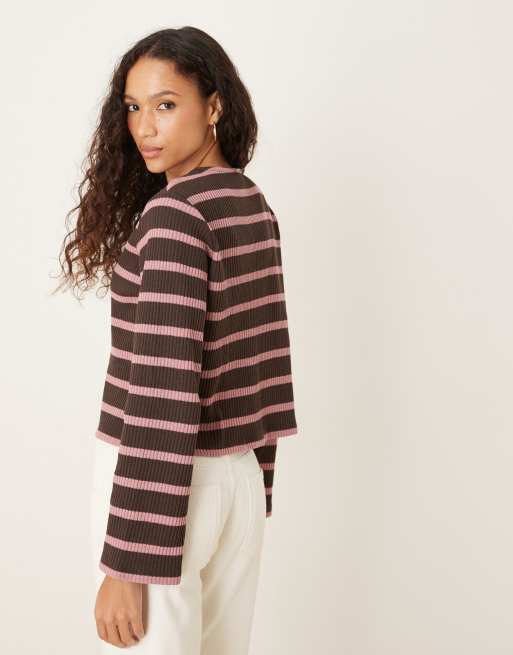 ASOS DESIGN cut and sew striped button up long sleeve top in brown - part of a set