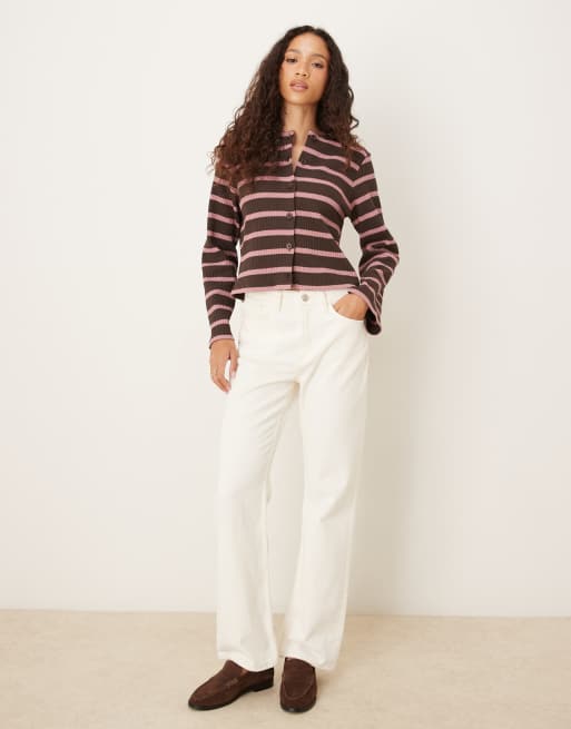 ASOS DESIGN cut and sew striped button up long sleeve top in brown - part of a set