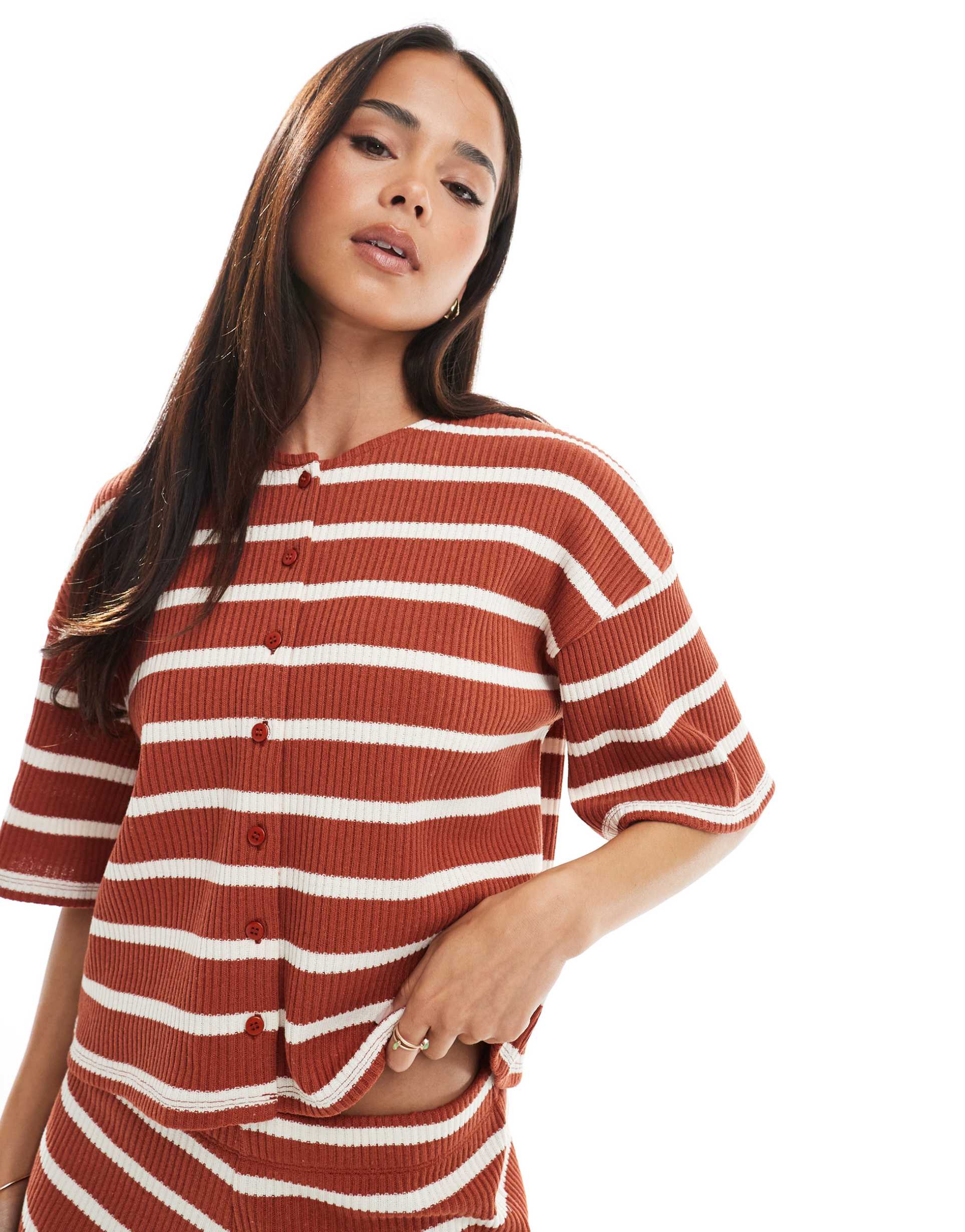 asos design cut and sew striped top in rust - part of a set