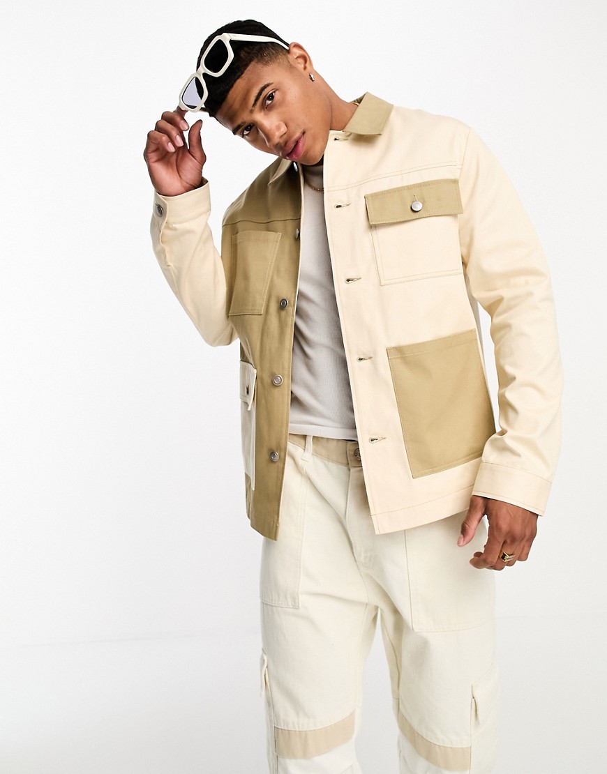 ASOS DESIGN cut and sew worker jacket in brown and ecru