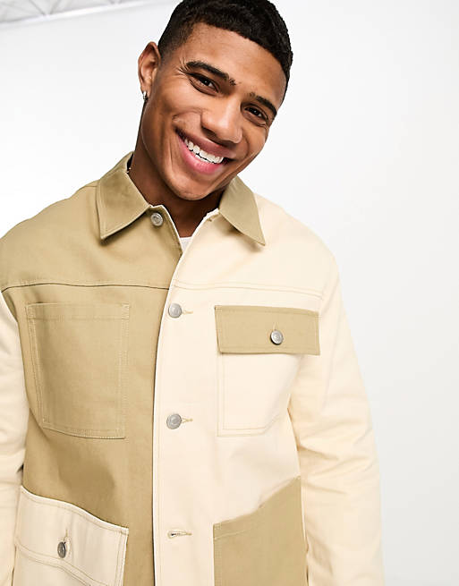 ASOS DESIGN cut and sew worker jacket in brown and ecru | ASOS