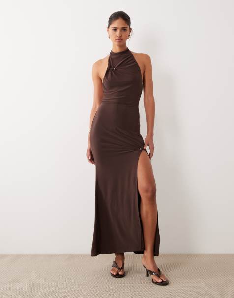 ASOS DESIGN cut away halter maxi dress with hardware details in brown - view 1