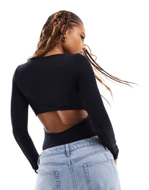 ASOS DESIGN cut out back long sleeve bodysuit in black - view 1