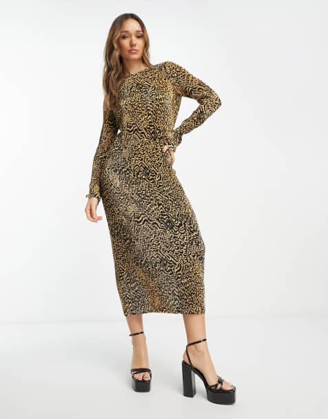 ASOS DESIGN cut out back midi plisse dress with trim in animal 