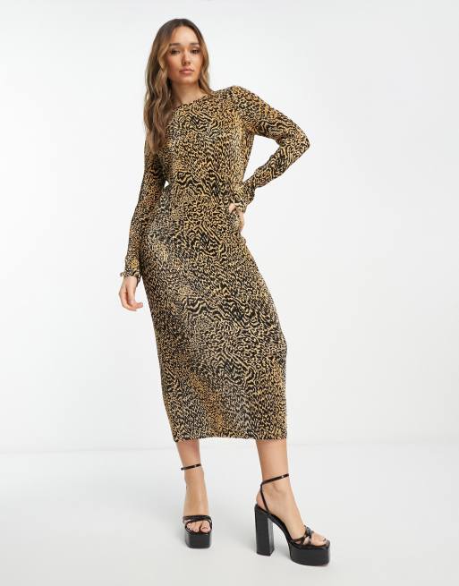 FhyzicsShops DESIGN cut out back midi plisse dress with trim in animal 