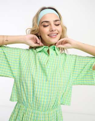 ASOS DESIGN cut out back shirt mini dress with seersucker green and yellow  check | ASOS