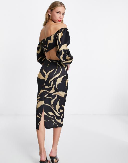 knee length dresses for ladies Spark Black Bardot-Neck Midi Dress With Bow Detail – Club L London main image 1