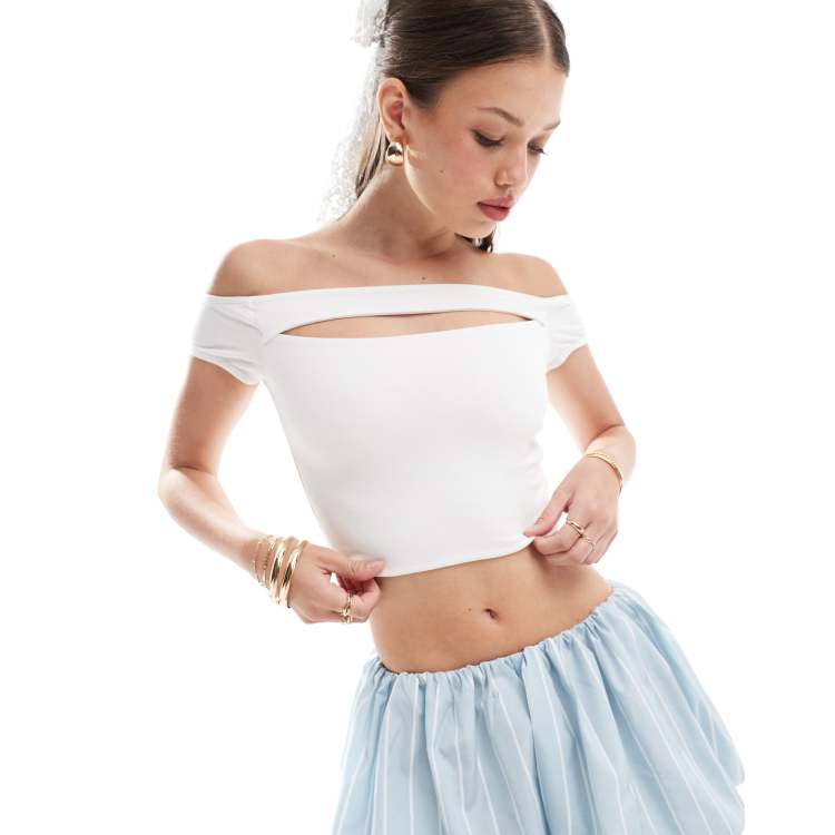 ASOS DESIGN cut out bardot short sleeve crop top in white