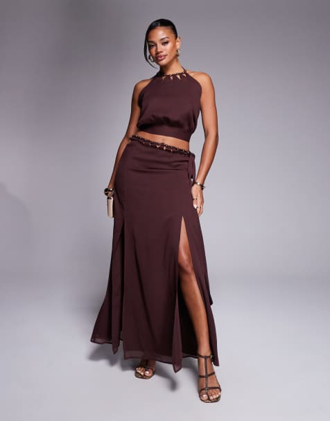 ASOS DESIGN cut out beaded volume maxi skirt co-ord in brown - view 1