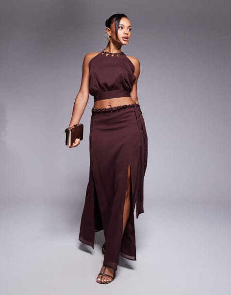 ASOS DESIGN cut out beaded volume maxi skirt in brown (part of a set) - view 1