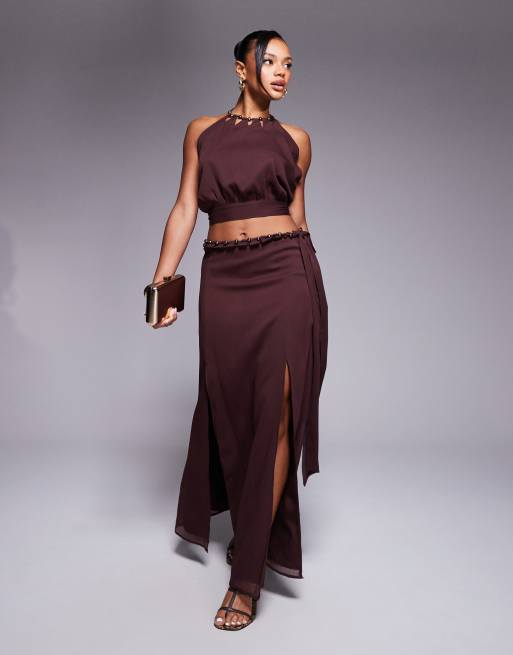 ASOS DESIGN cut out beaded volume maxi skirt in brown (part of a set)