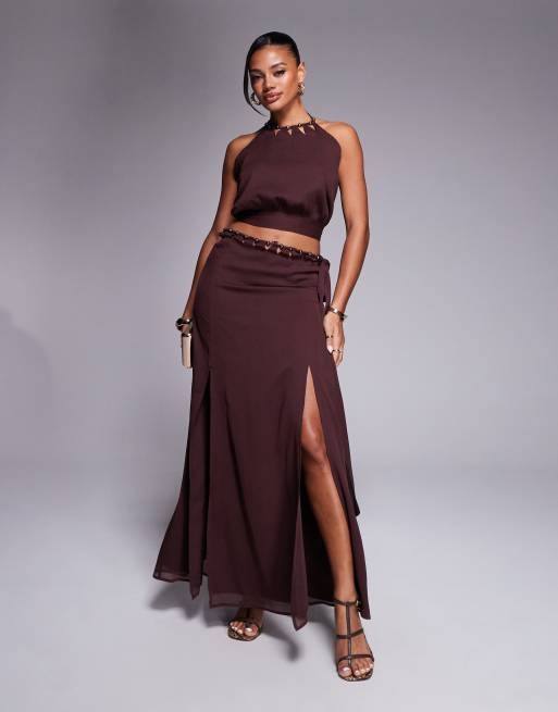 ASOS DESIGN cut out beaded volume maxi skirt in brown - part of a set