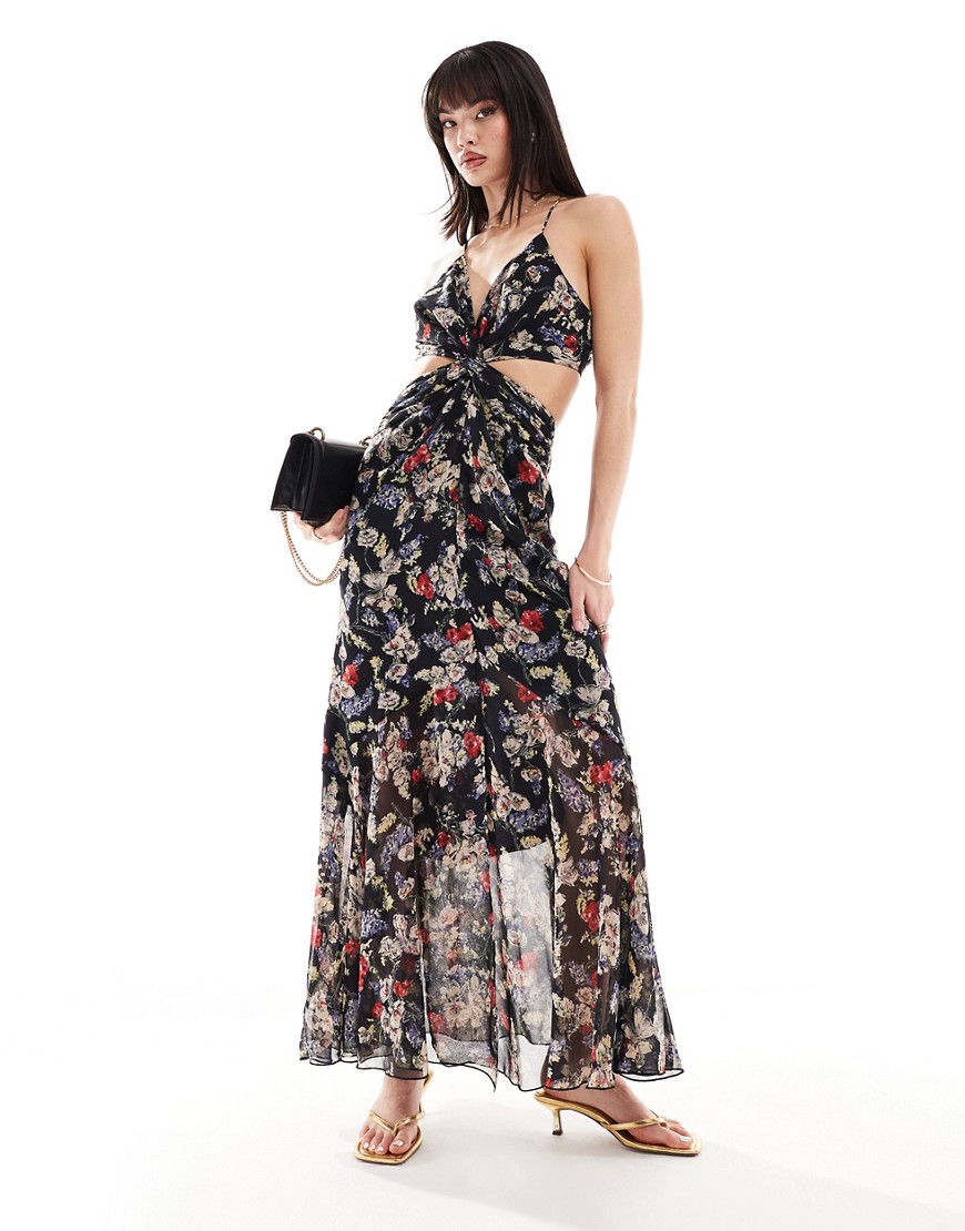 Asos Design Cut-out Bikini Top Maxi Dress In Black Floral-multi