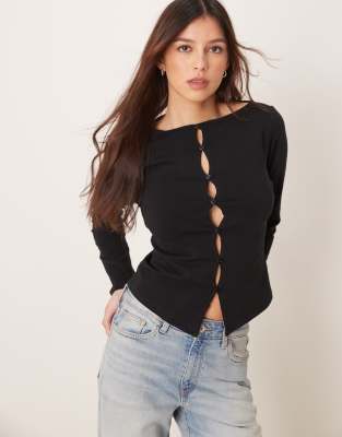 Asos Design Cut Out Button Up Split Front Long Sleeve Cardigan In Black