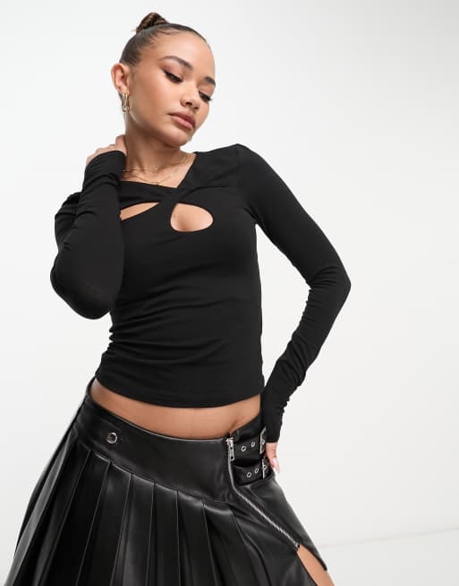 ASOS DESIGN 2 in 1 long sleeve rib top with cut out in black