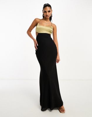 ASOS DESIGN cut out chiffon bias maxi slip dress with satin colourblock bodice in black