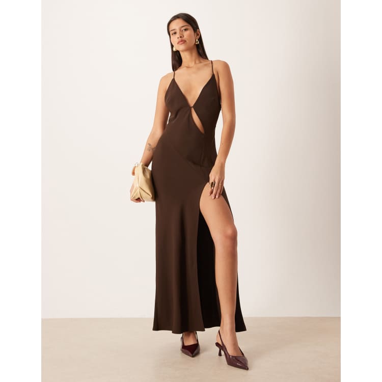 ASOS DESIGN cut-out detail high slit maxi dress in chocolate | ASOS