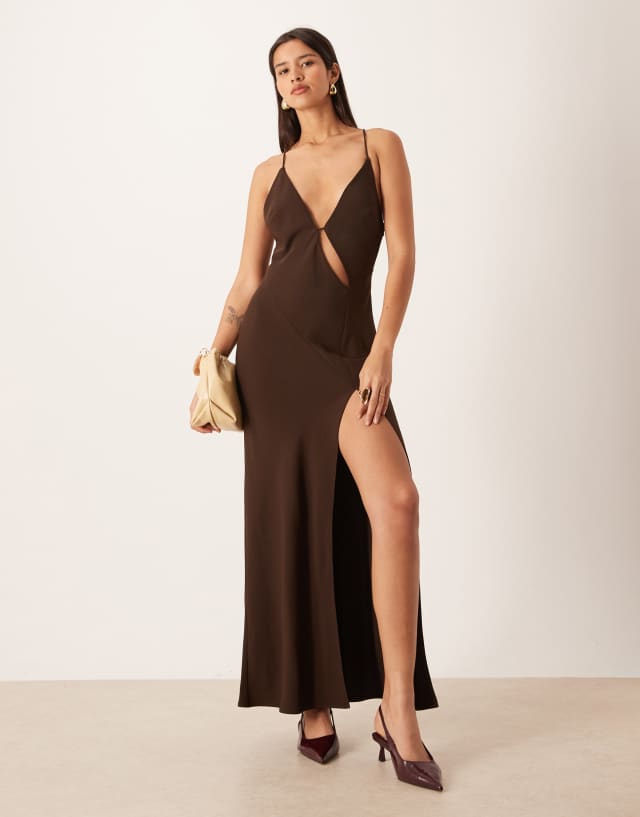 ASOS DESIGN cut-out detail high slit maxi dress in chocolate
