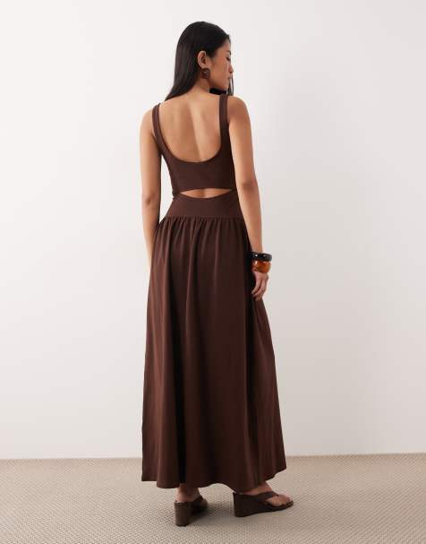slim fit dress slacks Brown Satin Long A-Line Prom Dress, Off the Shoulder Evening Party Dre main image 1