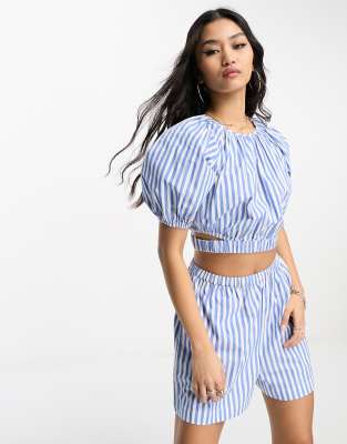 ASOS DESIGN cut out detail top in stripe blue co-ord-Multi