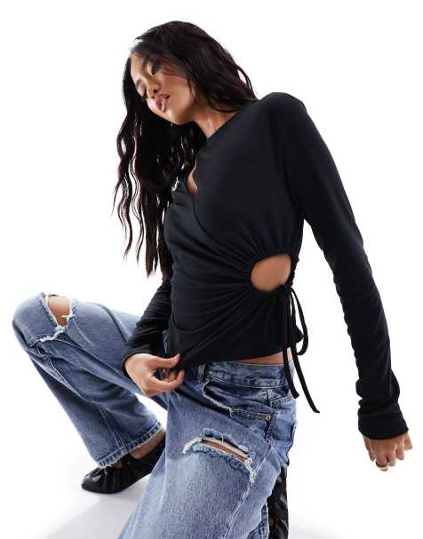 ASOS DESIGN cut out detail top with drawstring in black - view 1