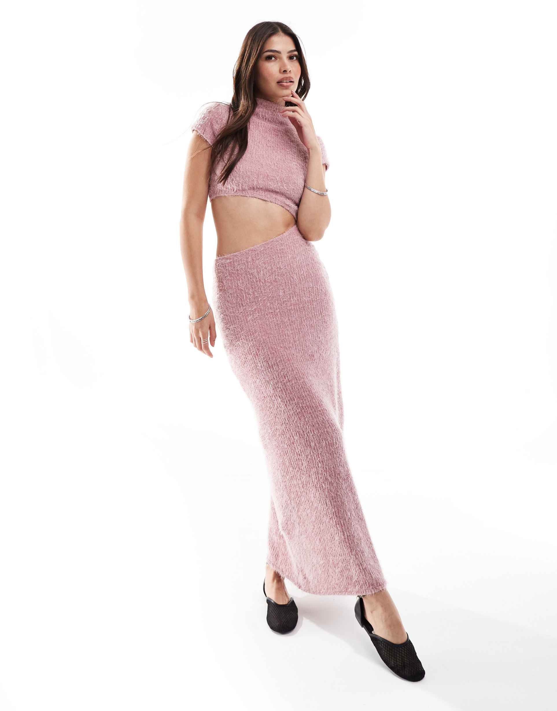 asos design cut out fluffy rib midi dress in pink