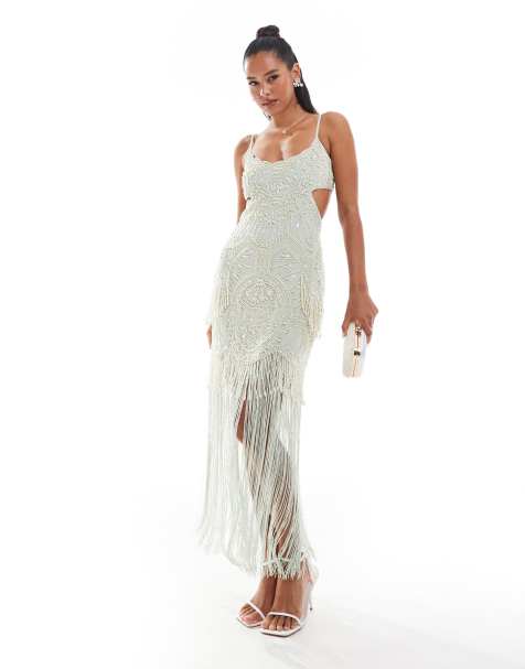 ASOS DESIGN cut out fringe maxi dress with beaded embellishment in sage green - view 1