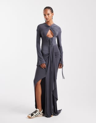 ASOS DESIGN cut out front maxi dress with gauging and mock channel details in gray