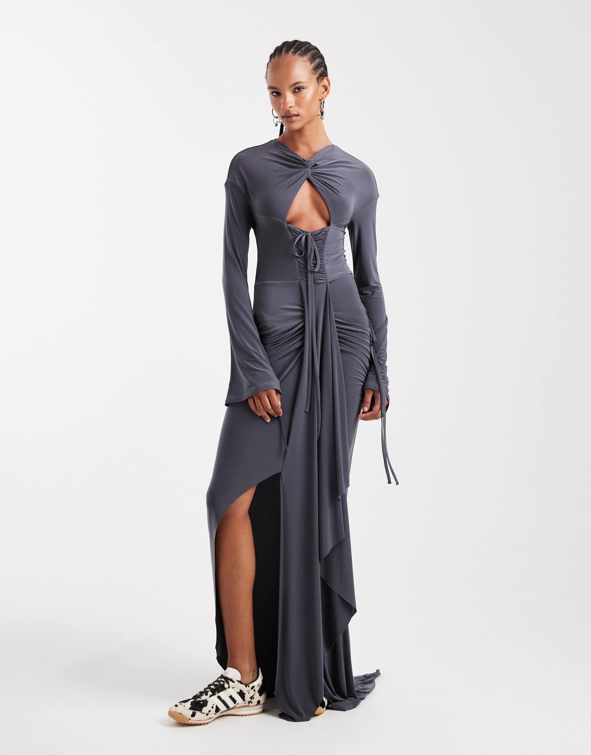 asos design cut out front maxi dress with gauging and mock channel details in gray