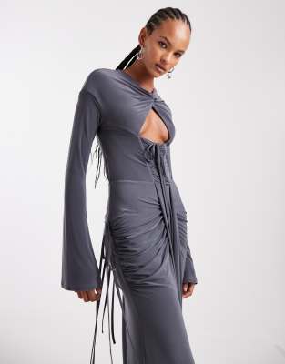 Asos Design Cut Out Front Maxi Dress With Gauging And Mock Channel Details In Gray