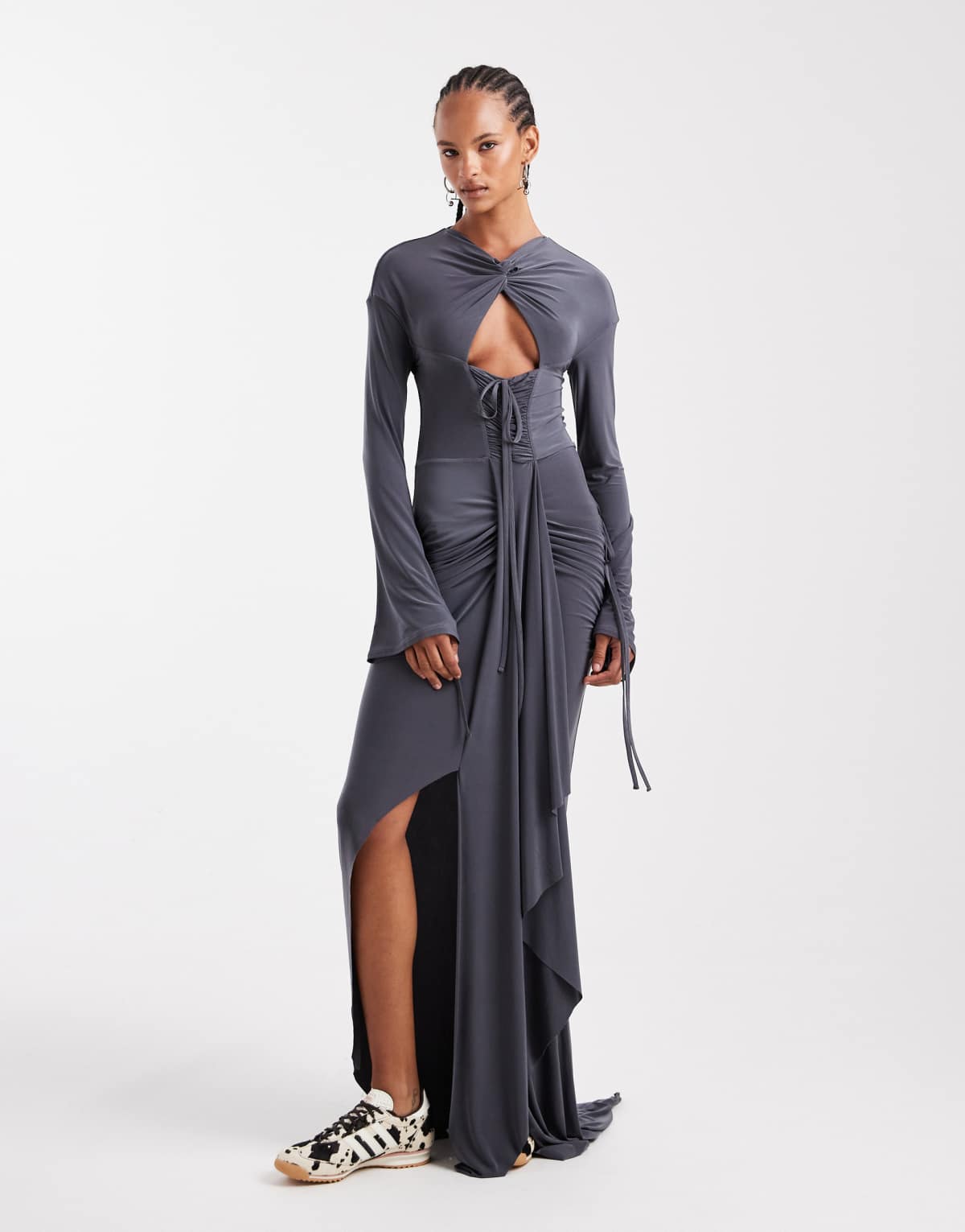 ASOS DESIGN cut out front maxi dress with gauging and mock channel details in grey
