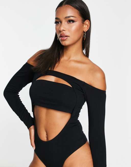 ASOS DESIGN off shoulder corset mesh detail bodysuit in black