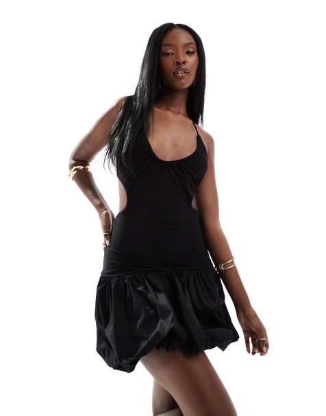 ASOS DESIGN cut out halter mini dress with bubble hem in black - view 1