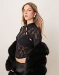 [ASOS DESIGN] ASOS DESIGN cut out high neck lace up top with button detail in black XS BLACK