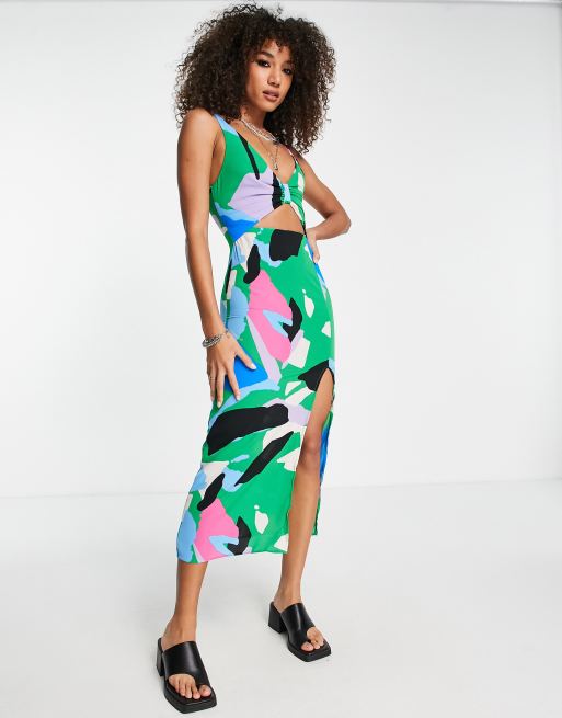 ASOS DESIGN cut out knot front midi dress in bright abstract print