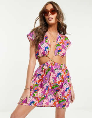 FhyzicsShops DESIGN cut out lattice waist mini beach dress in bold floral print