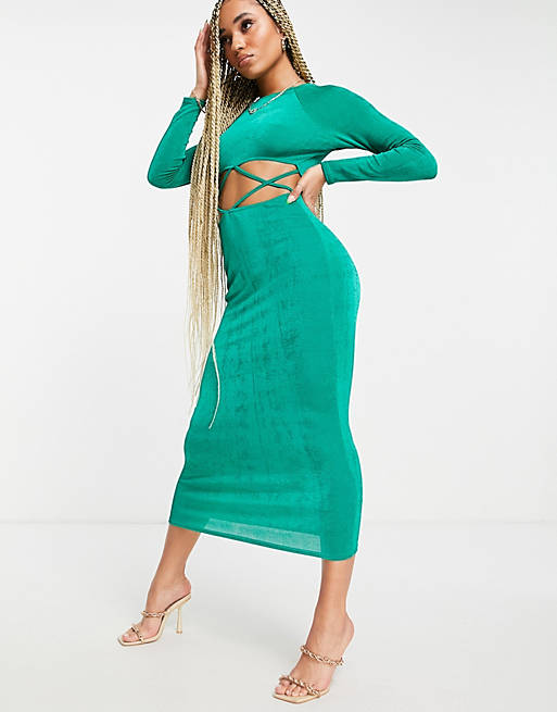 Dresses cut out long sleeve maxi dress in slinky green 