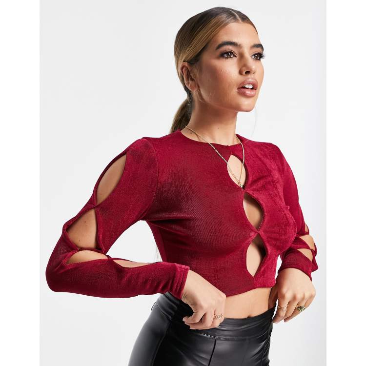 ASOS DESIGN cut out long sleeve top in burgundy