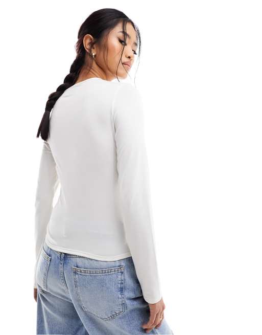 ASOS DESIGN long sleeve top with twist neck detail in ivory