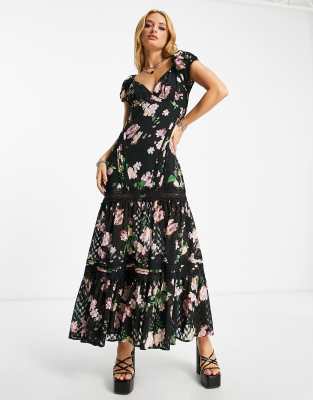 Asos Design Pintuck Maxi Dress With Lace Inserts In Floral Embroidery-multi In Multi