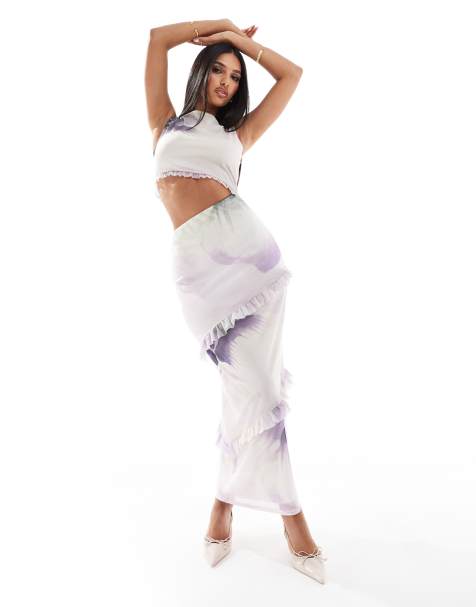 ASOS DESIGN cut out maxi dress with frill in purple lotus print - view 1