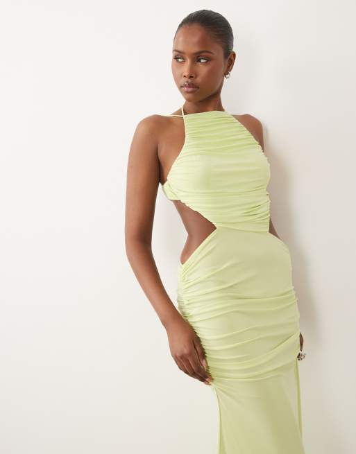 ASOS DESIGN cut out maxi dress with ruched square halter neck in green, 2 of 4