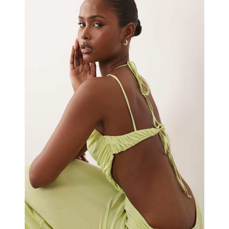 ASOS DESIGN cut out maxi dress with ruched square halter neck in pale green  | ASOS