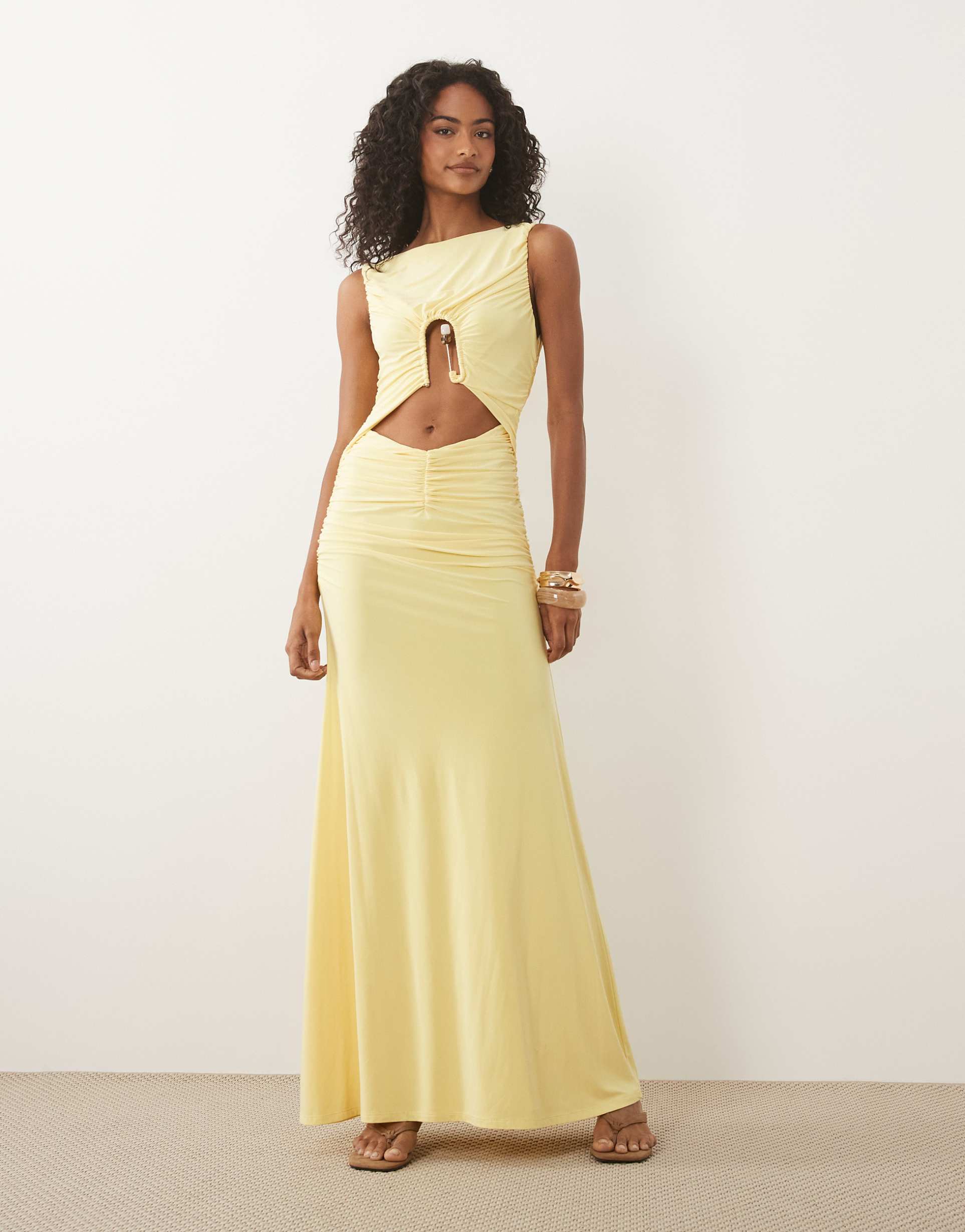asos design cut-out maxi dress with wire beaded trim detail in lemon