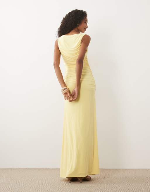 ASOS DESIGN cut out maxi dress with wire beaded trim detail in lemon, 3 of 4