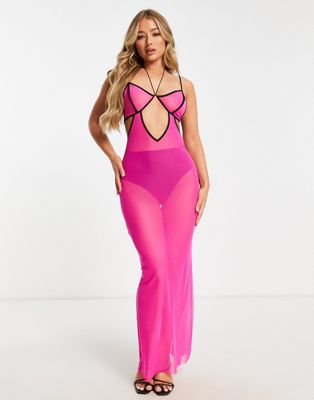 Asos Design Cut Out Mesh Maxi Beach Dress With Contrast Binding In Pink
