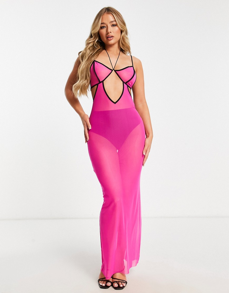 ASOS DESIGN cut out mesh maxi beach dress with contrast binding in pink