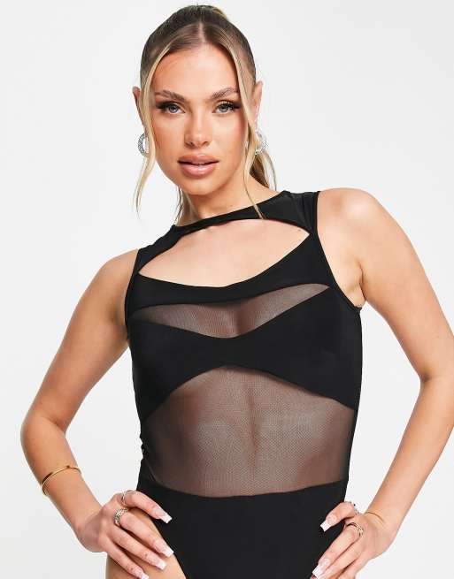 ASOS DESIGN micro strappy mesh bust detail bodysuit in black