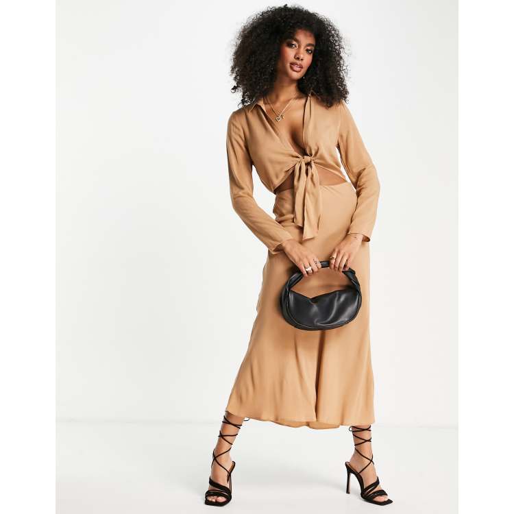 ASOS DESIGN cut out midi shirt dress with knot front detail in beige