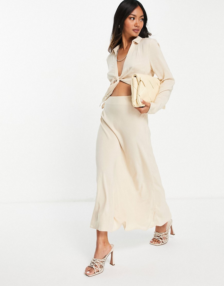 ASOS DESIGN cut out midi shirt dress with knot front detail in stone-Neutral